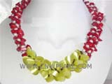 three rows 6-7mm white rice freshwater pearl necklace with irregular red coral and tigereye