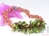 three rows 6-7mm pink rice freshwater pearl necklace with irregular red coral and tigereye