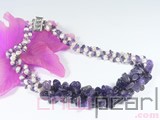 three rows 6-7mm white rice freshwater pearl necklace with amethyst and purple tigereye
