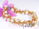 three rows 6-7mm white rice freshwater pearl necklace with amethyst and purple tigereye