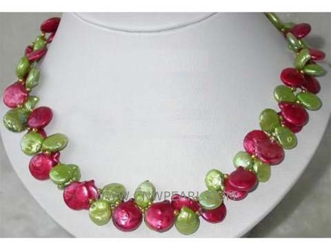 12mm red and green coin freshwater pearl necklace with a metal clasp