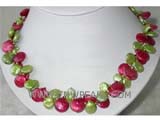 12mm red and green coin freshwater pearl necklace with a metal clasp