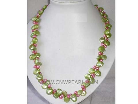12mm olive green coin freshwater pearl necklace with pink top drilled freshwater pearl