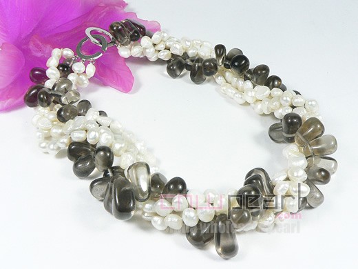 four rows 6-7mm white nugget freshwater pearl  necklace with raindrop shape crystal