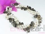 four rows 6-7mm white nugget freshwater pearl  necklace with raindrop shape crystal