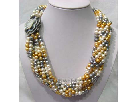 nine rows 7-8mm multicolor round freshwater pearl twisted necklace with a flower shell clasp