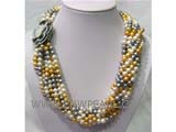 nine rows 7-8mm multicolor round freshwater pearl twisted necklace with a flower shell clasp