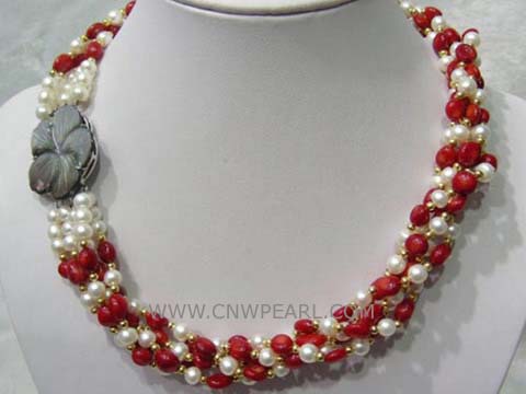 five rows 7-8mm white round freshwater pearl necklace with red coral
