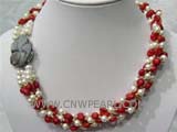 five rows 7-8mm white round freshwater pearl necklace with red coral