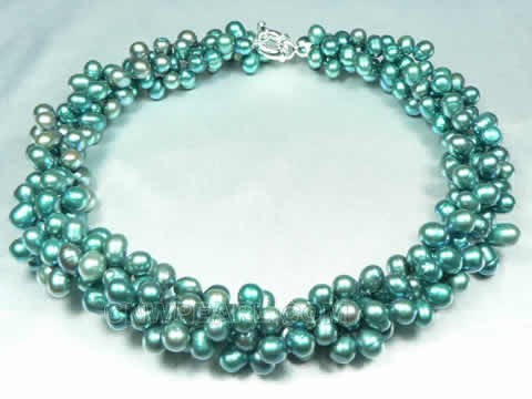 triple rows peacock green top-drilled pearl twisted necklace