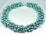 triple rows peacock green top-drilled pearl twisted necklace