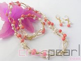 Double rows 6-7mm white round freshwater pearl necklace, bracelet and earrings set