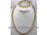 10mm gold potato freshwater pearl necklace, bracelet and stud earrings set