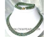 double rows 8-9mm glass green potato freshwater pearl necklace and bracelet set