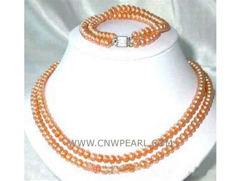 double rows 8-9mm orange potato freshwater pearl necklace and bracelet set