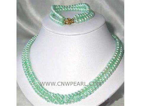 double rows 8-9mm light green potato freshwater pearl set of necklace and bracelet