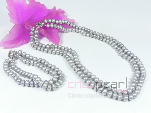 double rows 8-9mm gray freshwater pearl necklace and bracelet set