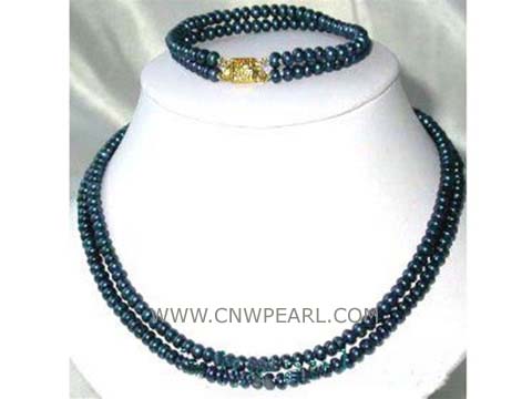 double rows 8-9mm dark blue potato freshwater pearl necklace and bracelet set
