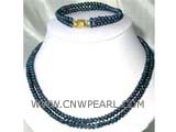 double rows 8-9mm dark blue potato freshwater pearl necklace and bracelet set