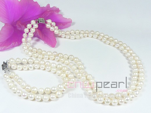 double rows 7-8mm white potato freshwater pearl set of necklace and bracelet
