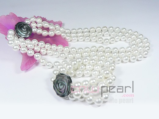 three rows 10mm white round shell pearl necklace, bracelet set
