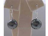 12mm black round shell pearl earrings, plated silver hook