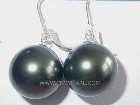 16mm black round shell pearl earrings, metallic hook