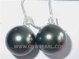 16mm black round shell pearl earrings, metallic hook