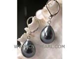 14-18mm black raindrop shell pearl earrings, silver plated hook