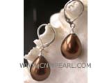 14-18mm coffee raindrop shell pearl earrings, silver plated hook