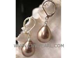 14-18mm coffee raindrop shell pearl earrings, silver plated hook