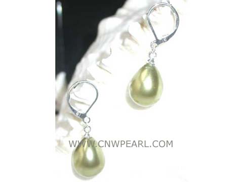 14-16mm green raindrop shell pearl earrings, silver plated hook