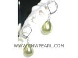 14-16mm green raindrop shell pearl earrings, silver plated hook