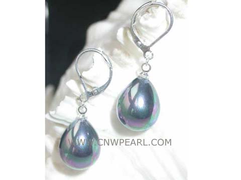 14-16mm black raindrop shell pearl earrings, silver plated hook