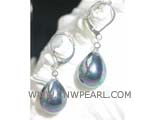 14-16mm black raindrop shell pearl earrings, silver plated hook