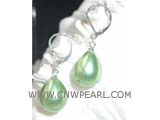 14-16mm green raindrop shell pearl earrings, silver plated hook