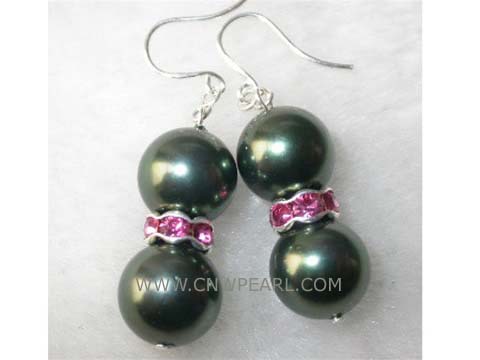 10mm black shell pearl & red water_diamond earrings