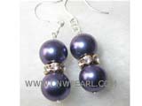 10mm black round shell pearl & white water_diamond earrings