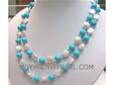 10mm blue natural turquoise & white pearl & crystal necklace