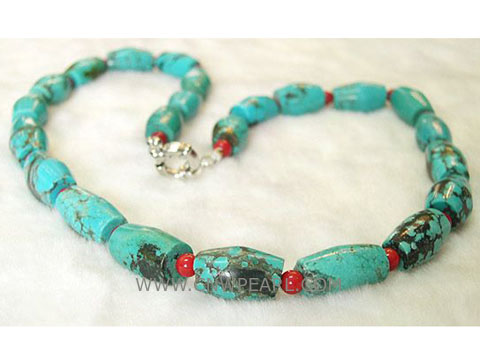 10-13mm blue column shape natural turquoise & coral necklace