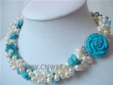 6-7mm blue irregular natural turquoise & white pearl necklace