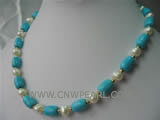 8-12mm blue column shape natural turquoise & pearl necklace