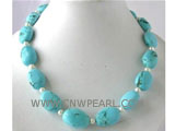 20-35mm blue ellipse natural turquoise & pearl necklace