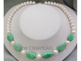 8-15mm green ellipse natural turquoise & white pearl necklace