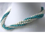 7mm round blue natural turquoise & 4mm white pearl necklace