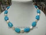 13-4mm ellipse natural turquoise & 12mm shell pearl necklace