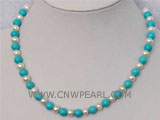 8mm blue round natural turquoise & pearl necklace
