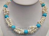 3 rows 12mm round turquoise & 6-7mm white pearl necklace