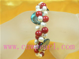 5-6mm white pearl bracelet with coral and shell