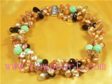 three strands twisted pearl necklace with crystal and turquoise